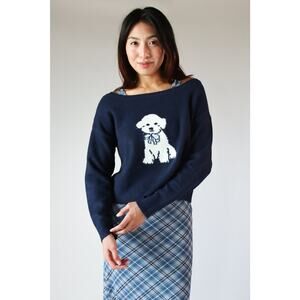 No Comment Dog Sweater XL Off Shoulder Slouchy Cozy Knit Navy